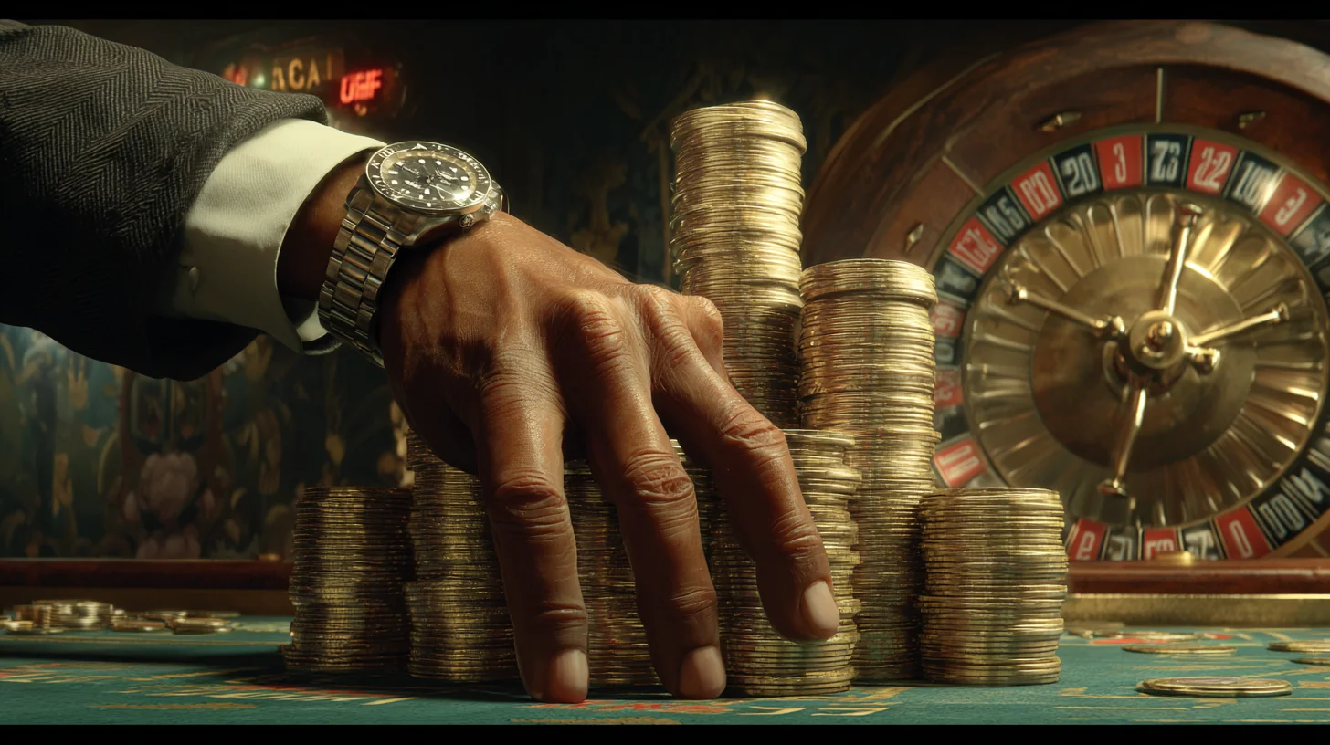 Ruleta dorada y fichas de casino